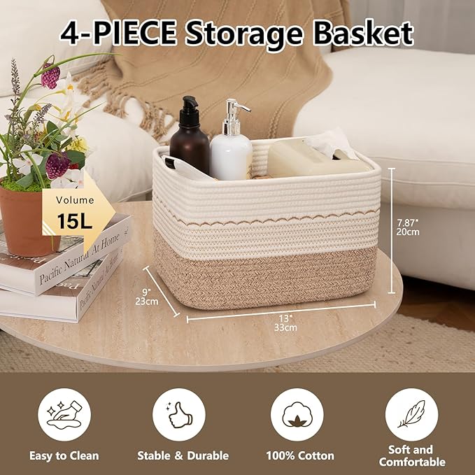 OIASKET 4 Pack Storage Baskets for Organizing, 13"X9"X7.87", Decorative Cotton Rope Baskets for Shelves, Small Woven Basket for Toys, Books and Towels, Brown & White