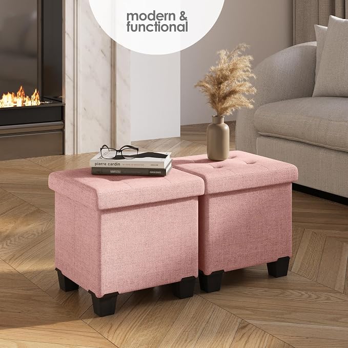 Storage Ottoman Cube with Small Bin, 15-in Square Ottoman with Storage for Living Room and Bedroom, Small Ottomans Foot Rest, Fabric Foot Stools Ottomans Max 330lbs, Pink