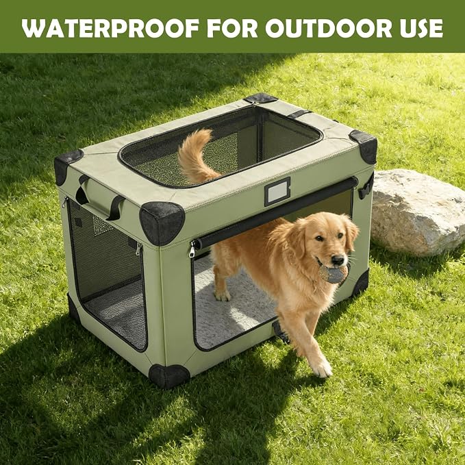 36 Inch Soft Collapsible Dog Crate Green with Waterproof and Easy to Clean | Chew-Proof Mesh Window,Sturdy Frame,Soft Blanket and Foldable Bowl,Waterproof,Portable for Camping,Signature Card,Storage Bag