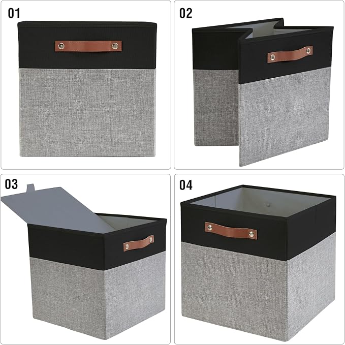 Bagnizer Collapsible Fabric Storage Cube Bins with 2 Reinforced PU Handles, Foldable Storage Organizer Baskets for Closet, Shelves, Living Room | 13"x13"x13", 4 Pack, Black & Gray