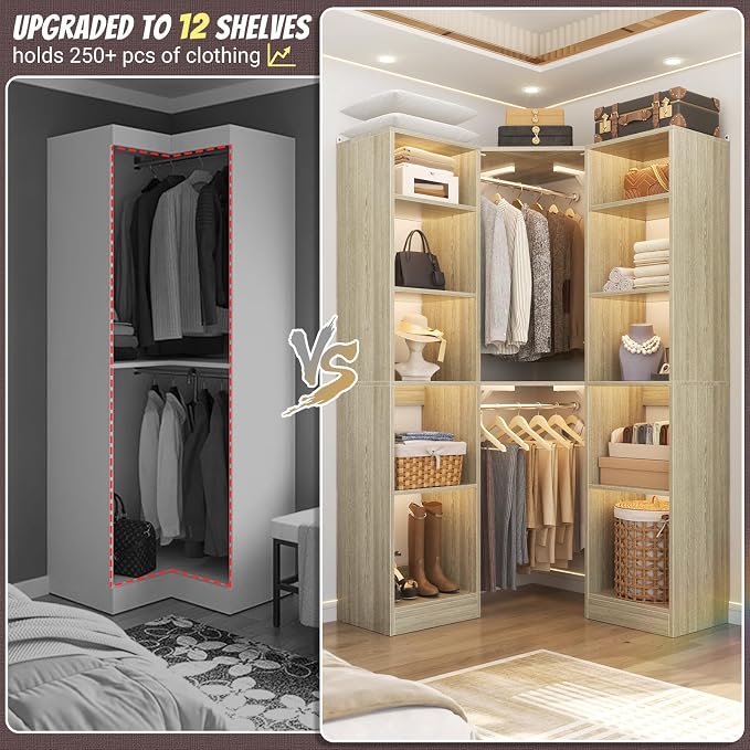 Besiost Corner Closet System with 12 Shelves, 39.2" Corner Organizer | L Shaped Closet with 2 Hanging Rods, Versatile 6-Tier Walk-in Closets for Corner Space, White Oak (39.2" L x 39.2" W x 80" H)