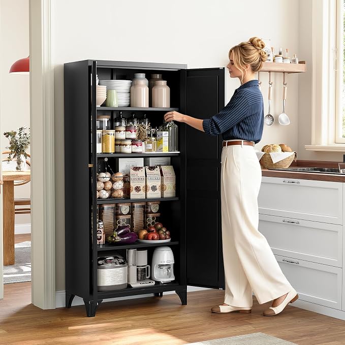 Yizosh Metal Pantry Cabinet,Tall Kitchen Pantry Storage Cabinet with Doors and Adjustable Shelves - 61" Black Cupboard Cabinet for Kitchen, Living Room,Dining Room,Home