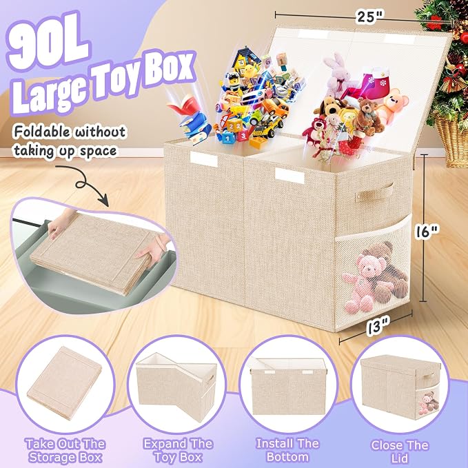 Large Toy Storage Box with Lid, Dividers, Collapsible Kids Toy Chest, Beige | Toy Box for Boys, Girls, Nursery, Bedroom, Living Room, Playroom, 25 x 13 x 16 inches