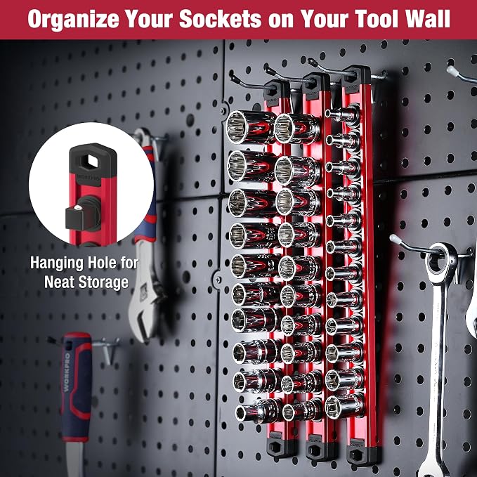 WORKPRO Magnetic Socket Organizer Set, 3-Piece 1/4” 3/8” 1/2” Socket Rails | 1/4-Inch x 12 Clips, 3/8-Inch x 10 Clips, 1/2-Inch x 10 Clips, Aluminum Alloy, Rotatable & Movable Clips, Efficient Storage