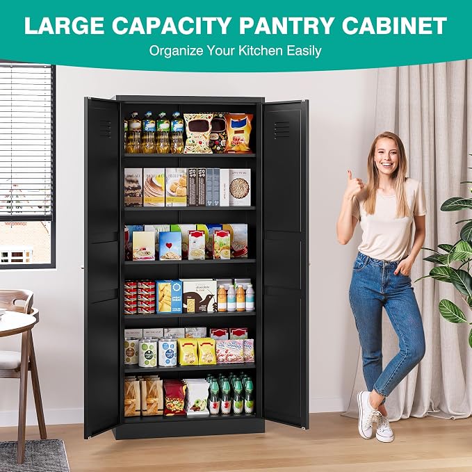 SISESOL Black Storage Cabinet,71" Tall Pantry Cabinet,Kitchen Pantry Storage Cabinets with 2 Doors and 5 Shelves,Wide Deep Metal Food Cupboard for Home,Kitchen,Dining/Living Room