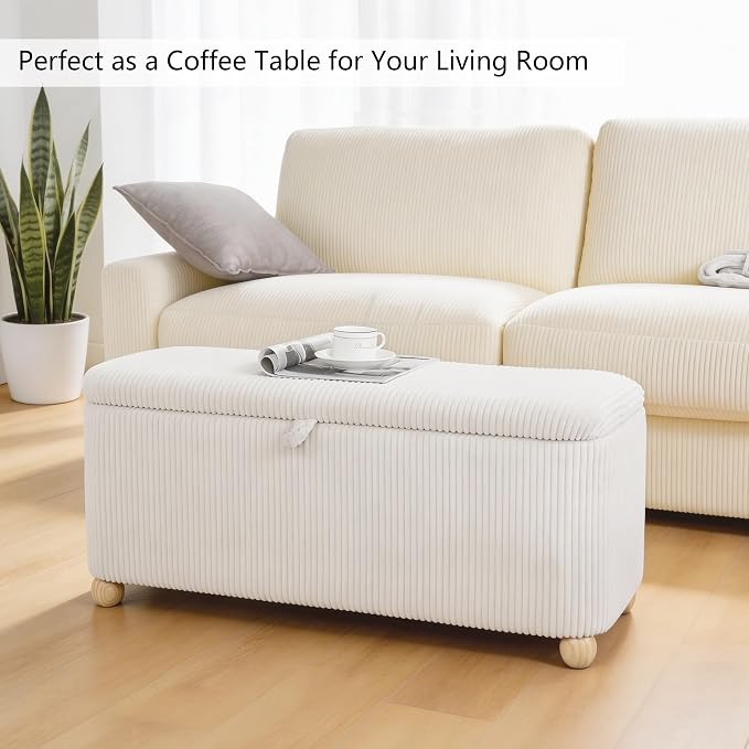 Homebeez 39” Corduroy Storage Ottoman Bench with Hinged Lid & Handle | End of Bed Storage Bench with Wood Ball Legs, for Kids Room, Bedroom, Entryway & Living Room, (White)