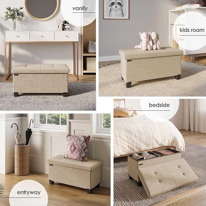 Storage Ottoman Bench with Bins, 30-in Storage Bench for Bedroom End of Bed, Folding Foot Rest Ottoman for Living Room Max 660lbs, Velvet Ottomans, Beige