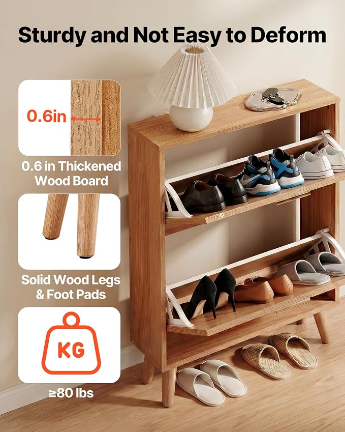 VEVOR Shoe Cabinet with 2 Flip Drawers, Shoe Storage Cabinet for Entryway, Free Standing Shoe Storage Organizer with Rattan Doors for Heels, Boots, Slippers in Hallway, Living Room
