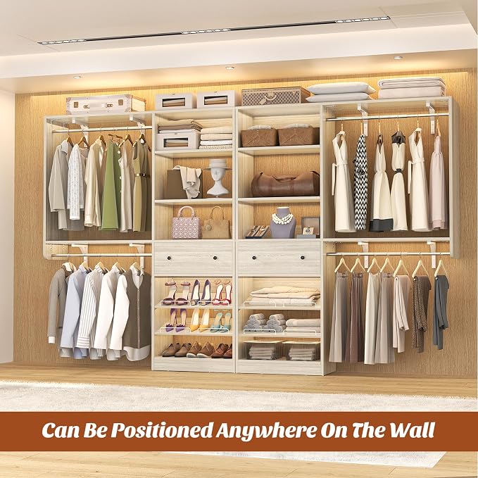[10 FT Closet System] 120 Inch Reversible Set of 2 Wood Closet Organizer System with 2 Drawers, 4 Hanging Rods Adjustable Shelf, Walk In Closet Organizers with Shoe Rack, Garment Rack, White Oak