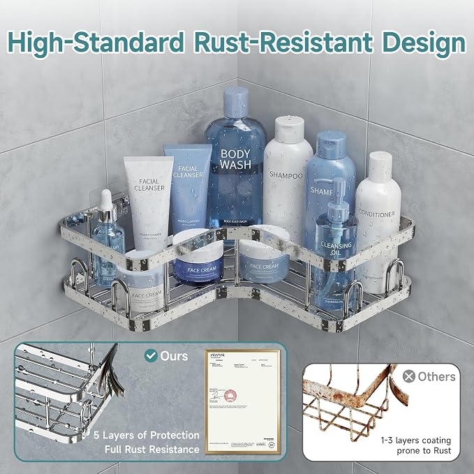Veken Corner Shower Caddy 3-Pack, Advanced Rustproof Design&Stable Storage | No Drilling Adhesive Shelves, Rack with Soap Holder & Hooks, Thickened Metal Frame, Bathroom Organizers and Storage, Silver