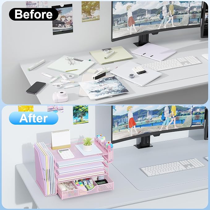 gianotter 5-Tier Desk Organizer with Drawers and File Holders | Letter Trays and Pen Holders - Workspace Accessories for Office Supplies (Pink)