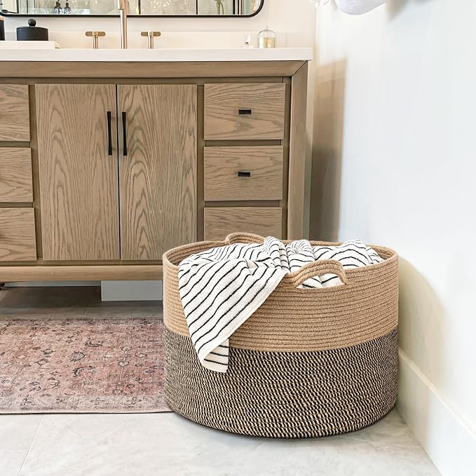 Goodpick Large Wicker Basket for Blankets, Baby Toy Storage Basket, 85L | 21.7 x 21.7 x 13.8 In Baby Storage Basket for Nursery, Blanket Basket for Living Room, Laundry Basket for Towels, Jute