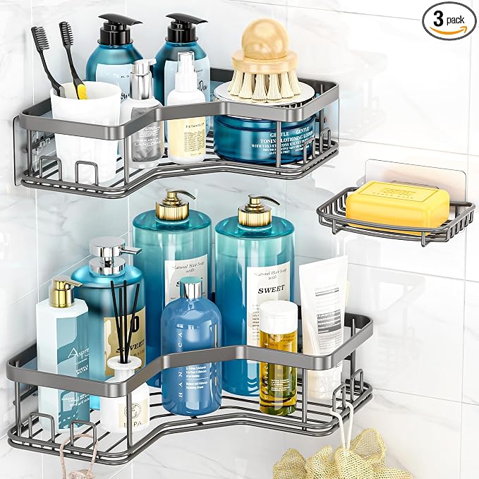 MAXIFFE 3 Pack Corner Shower Caddy with Soap Holder, Large Capacity Sturdy Easy Install No Drilling Stainless Steel Hold 40 LBS Shower Organizer Shelves Rack Storage for Family Renters Bathroom, Grey