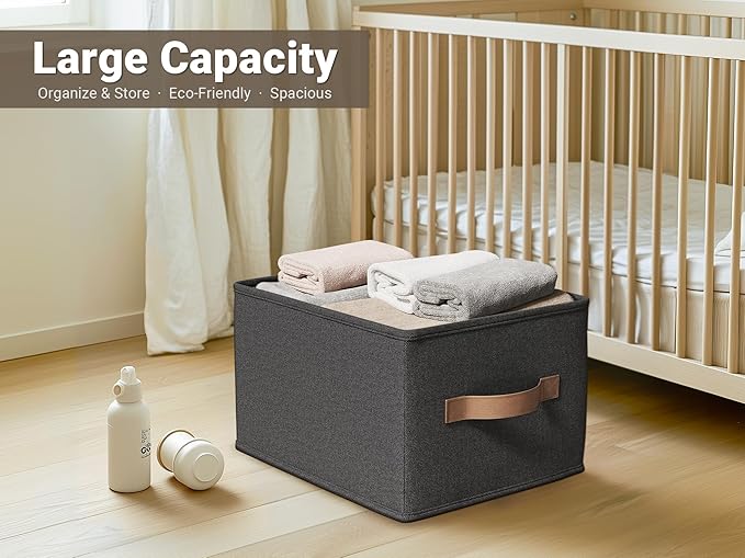 3-Pack Closet Storage Bins, Foldable Fabric Storage Baskets, Black | Thickened Rigid PP Panels, Cotton-linen Shelf Baskets, Measure 14.75"L x 10.25"W x 8.25"H for Clothes, Closets and Drawers