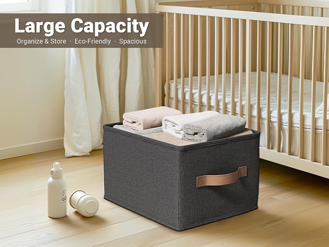 3-Pack Closet Storage Bins, Foldable Fabric Storage Baskets, Black | Thickened Rigid PP Panels, Cotton-linen Shelf Baskets, Measure 16.25"L x 12"W x 10"H for Clothes, Closets and Drawers