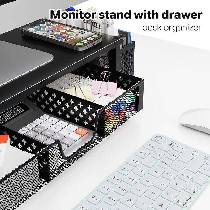 Simple Trending Desk Organizer, Computer Monitor Stand Riser, Black | Metal Laptop & Printer Stand, Desktop Organizer with Drawer & 2 Pen Holders, Anti-Slip Pads, 18.5"W x 9.5"D x 4.75"H