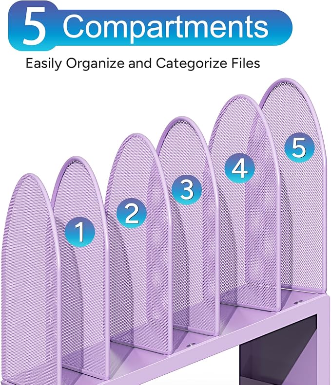 gianotter Desktop File Organizer, Desk Organizer with 5 Compartments, Paper Organizer for Desk, Workspace Organizers for Office Supplies (Purple, Inclined Style)