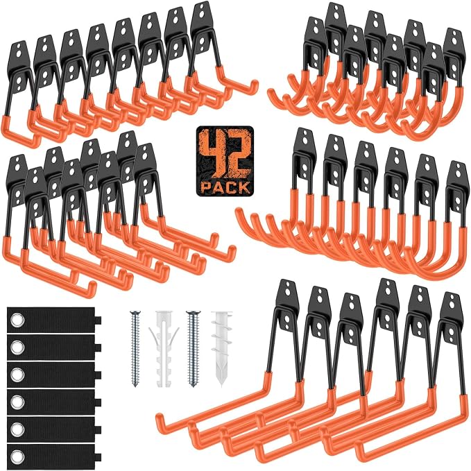 Garage Hooks, Anti-Slip Heavy Duty Wall Mount Hooks, 42-Pack | Hanging Storage for Bikes, Ladders, Hoses, Ropes, Garden Tools - For Warehouse, Workshop, Shed, Shop, Yard