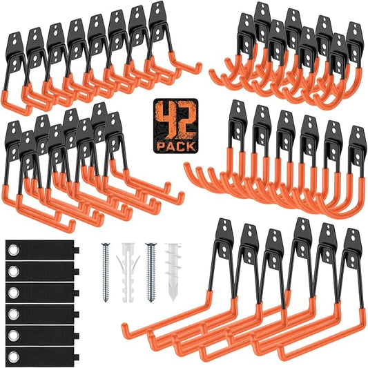 Garage Hooks, Anti-Slip Heavy Duty Wall Mount Hooks, 42-Pack | Hanging Storage for Bikes, Ladders, Hoses, Ropes, Garden Tools - For Warehouse, Workshop, Shed, Shop, Yard