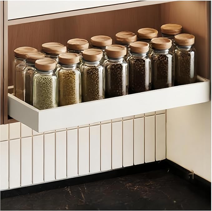 Fokyfok Pull out Cabinet Organizer,Width (18"-25") and Depth (10"-13") Expandable,No Drill Adjustable Slide out Drawers for Pantry,Adhesive Roll out Shelves Short,for upper cabinet,White