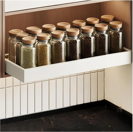 Fokyfok Pull out Cabinet Organizer,Width (18"-25") and Depth (10"-13") Expandable,No Drill Adjustable Slide out Drawers for Pantry,Adhesive Roll out Shelves Short,for upper cabinet,White