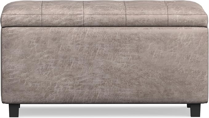 SIMPLIHOME Cosmopolitan 34" Wide Vegan Leather Storage Ottoman in Soft Blue | Distressed grey taupe, transitional storage ottoman with tufting and lift-up lid; rectangle storage bench for living room.