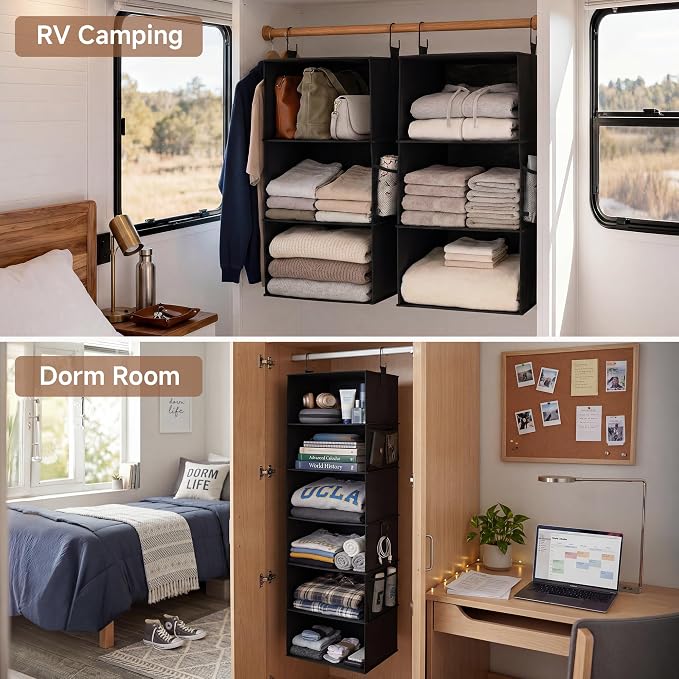 StorageWorks Hanging Closet Organizer 6-Shelf, Jumbo Separable Two 3 Shelf Closet Storage Organizer with Side Pockets, Portable Hanging Shelves for Wardrobe, RVs, 13 "D x 15 "W x 47 ¼"H, Black