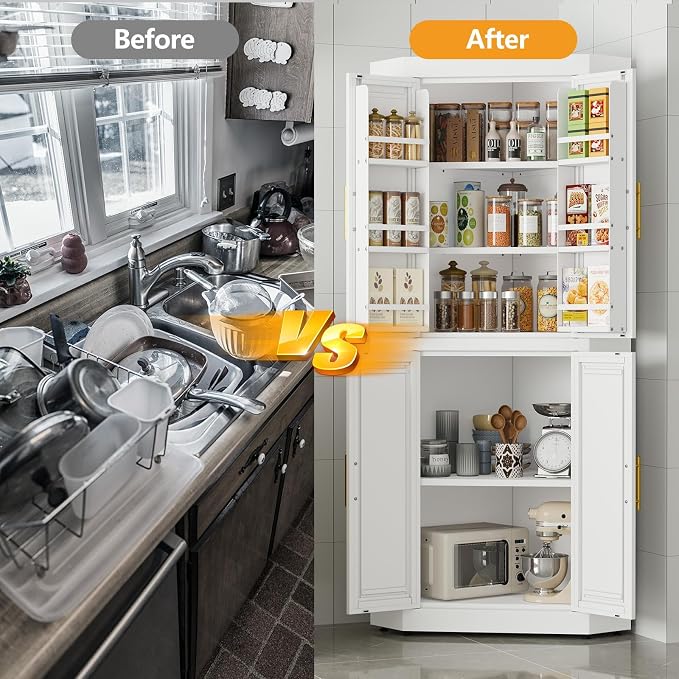 GAIOUS 63" Tall Steel Corner Cabinet, Metal Storage Cabinets with 4 Doors and 3 Shelves, Pantry Cabinets with 6 Door Panel Shelves, Farmhouse Cupboard for Kitchen Dining Room Hallways, White