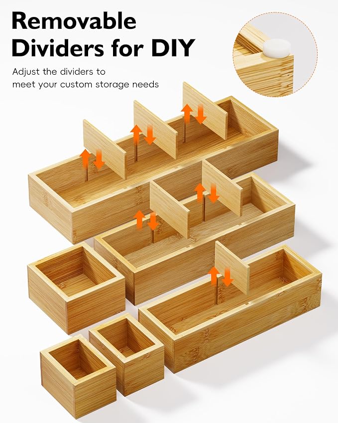 Bamboo Drawer Organizer Set, 6 PCS Desk Drawer Organizer Trays with 12 Compartments, Wood Storage Boxes for Junk Drawer, Kitchen Utensils, Office Supplies, Makeup, Jewelry, Bathroom