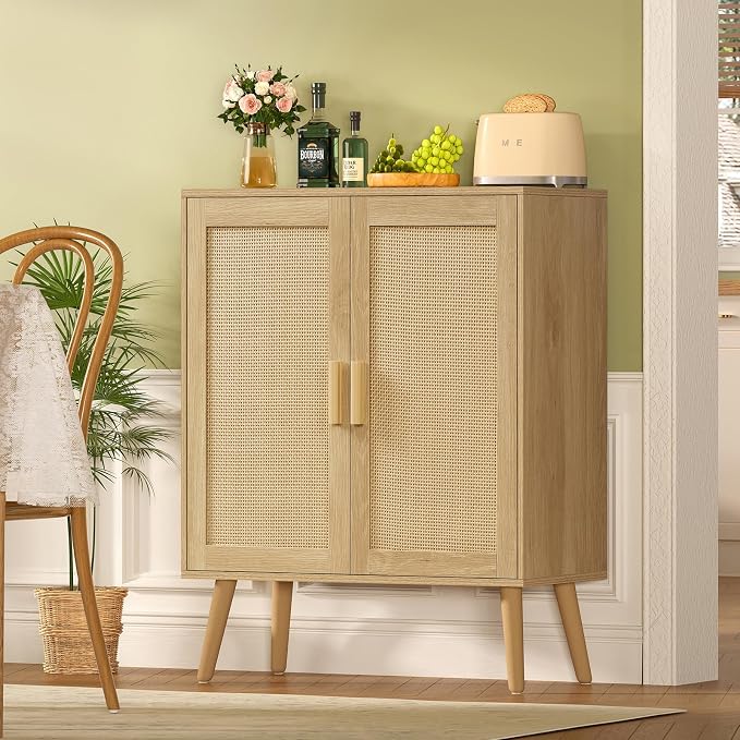 Iwell Storage Cabinet with 2 Shelves, Rattan Cabinet with 2 Doors, Sideboard Buffet Cabinets with Storage for Living Room, Dining Room, Entryway, Natural