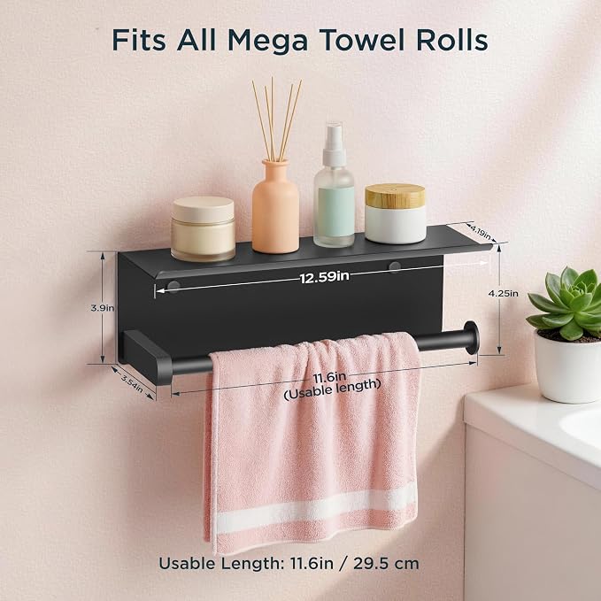 FORIOUS Wall Mount Paper Towel Holder with Shelf for Kitchen, Matte Black | Heavy Duty SUS304 Stainless Steel Paper Roll Organizer with Storage Spice Shelf, Screw-in for Bathroom, RV & Garage