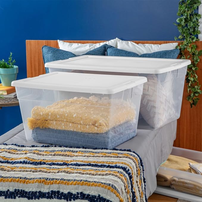 Sterilite Storage Box, Stackable Clear Plastic Bins, 90 Quart, 8-Pack | Heavy-Duty Organizing Containers with Snap-On Lids for Closet, Bathroom, and Office