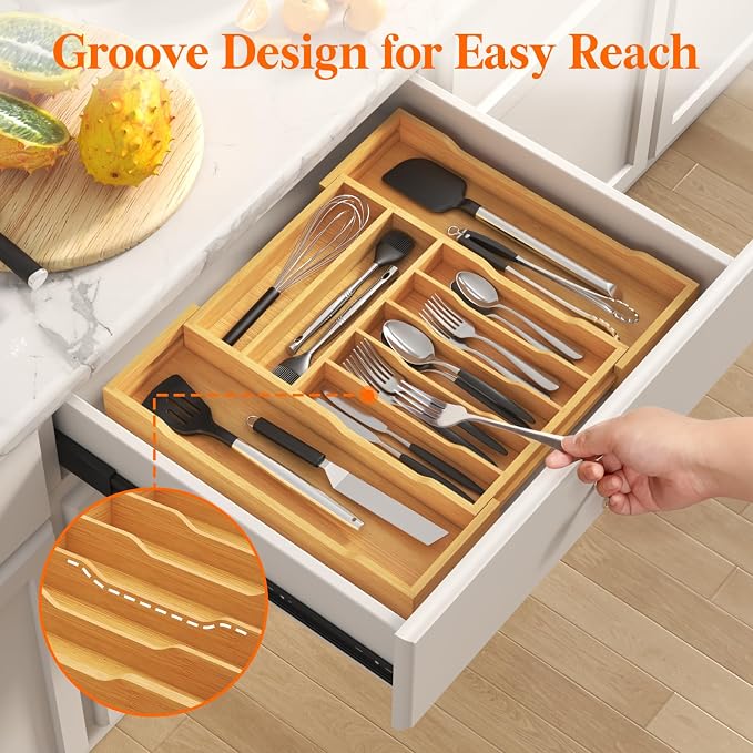 Lifewit Silverware Drawer Organizer, Wooden Utensil Tray for Kitchen | Expandable Flatware and Cutlery Holder, Adjustable Storage for Spoons Forks Knives, 12-21 x 17", Natural