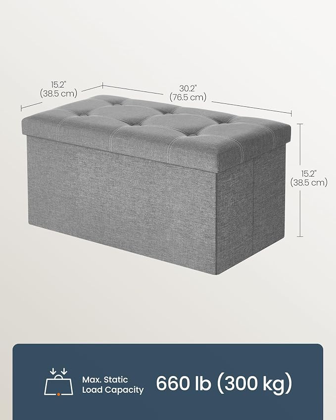 SONGMICS Home Storage Ottoman, 21 Gallons End of Bed Bench, 15.2 x 30.2 x 15.2 Inches, for Bedroom, Entryway, Living Room, Light Gray