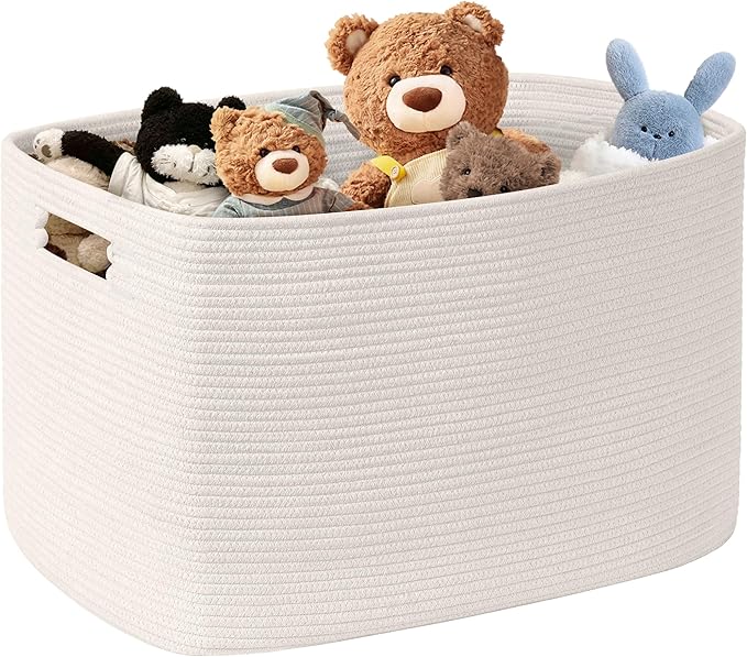 100L Extra Large Woven Laundry Basket Hamper with Handles, White | collapsible wicker hamper, storage for dirty clothes, toys, blankets, gifts, living room, bedroom, bathroom, 24"x16"x16"