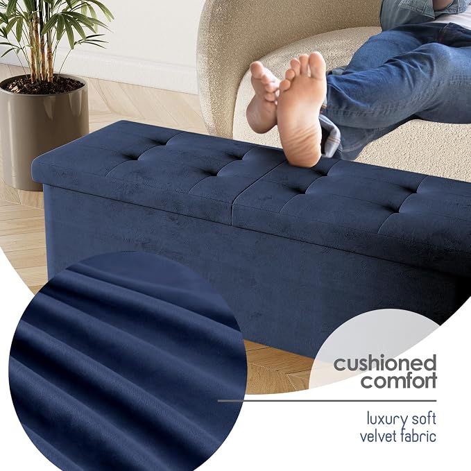Storage Ottoman Bench with Bins, 43-in Storage Bench for Bedroom End of Bed, Folding Foot Rest Ottoman for Living Room Max 660lbs, Velvet Ottomans, Blue