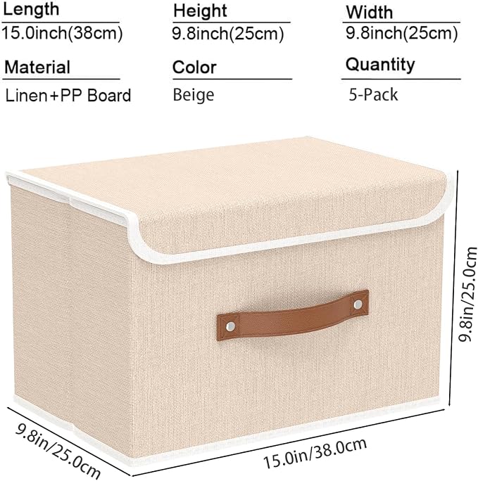 Yawinhe Fabric Storage Boxes with Lids,Beige,15.0x9.8x9.8in,5-Pack | Container with Leather Handle,Washable Storage Basket, Clothes Blanket Bin,Collapsible Closet Organizer for Bedroom