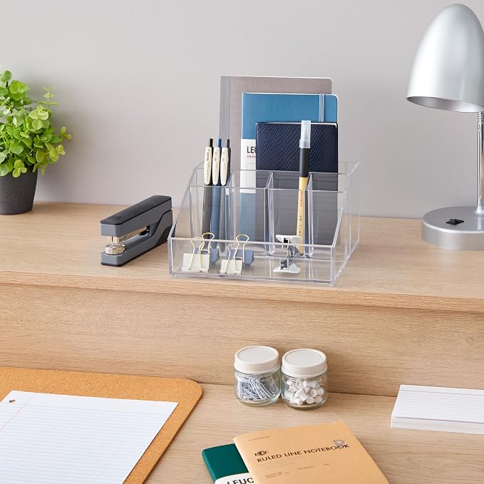 STORi Stackable Desk Organizer, Clear Pen Pencil Makeup Brush Holder for Desktops and Vanities, 6 Compartment Caddy (Made in USA)