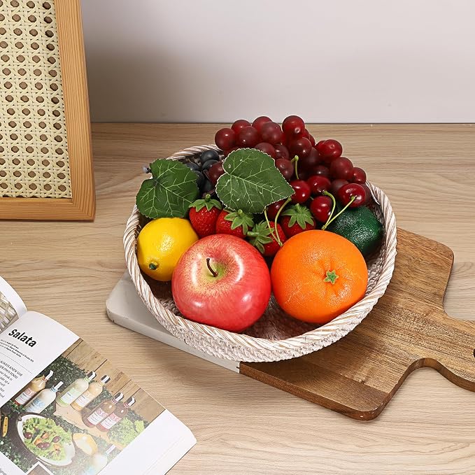 Hipiwe Decorative Key Tray Rattan Storage Bowl Food Serving Basket for Fruit Bread Candy Handwoven Basket Tray for Entryway Table Kitchen, Whitewash 8.5 Inch