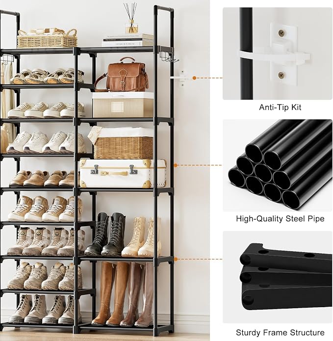WOWLIVE 9 Tier 2-Column Shoe Rack, 30-35 Pairs Stackable Black | Compact 33.75in long fits narrow spaces. Removable layers for boots/heels. Split design for flexible layout.