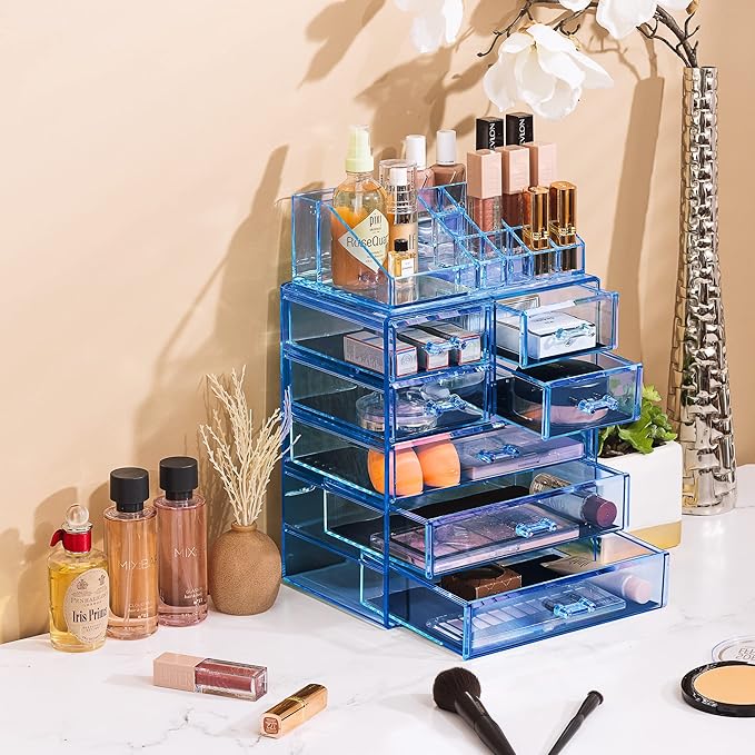 Sorbus Acrylic Makeup Organizer Set, 7-Drawer Vanity & Countertop Cosmetic Storage with Small & Wide Compartments, Blue Brilliance Makeup Storage for Brushes, Jewelry – Holiday Gift for Women & Teens