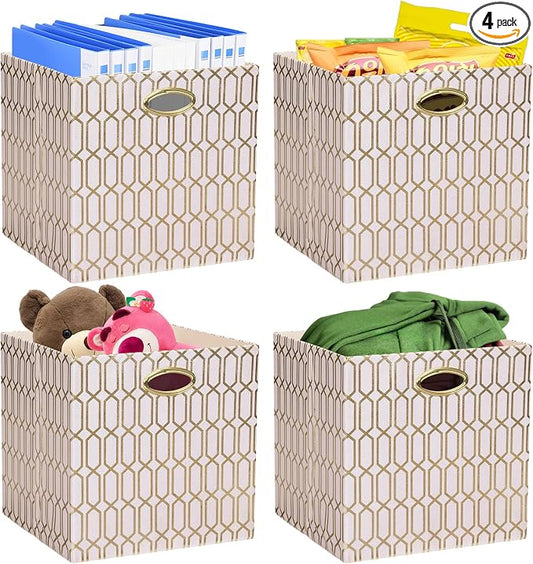 Posprica Storage Bins, Storage Cubes, 11×11 Fabric Drawers Organizer Basket Boxes Containers (11×11×11/4pcs, Cream/gold geometry Pattern)