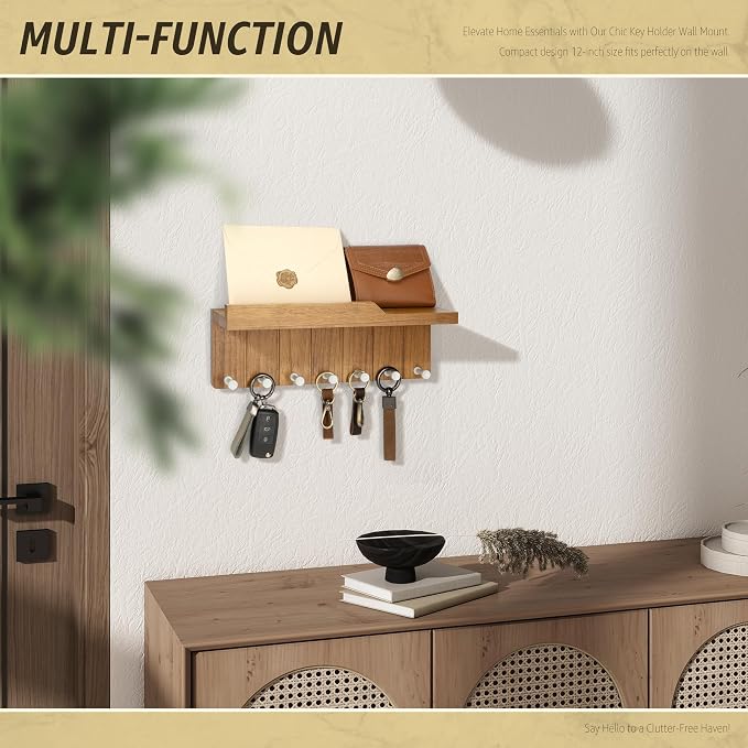 Rebee Vision Key Holder Wall Mount with 7 Hooks for Apartment, Light Brown | Key and Mail Holder for Wall, Floating Shelf, Mail Sorter, key Hanger, Apartment Essentials, Home Decor, Decorative Storage