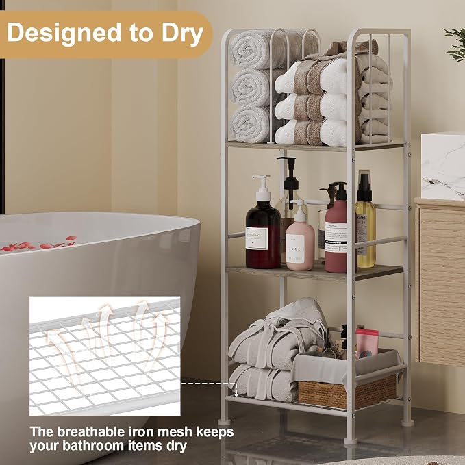 3-Tier Freestanding Towel Racks for Bathroom, White Towel Rack Stand | Detachable M-shaped Dividers for Bath Towel Storage Premium Iron & Wood Holder Crafted for Bathroom Organization