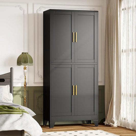 winiowa 75" Tall Kitchen Pantry Cabinet, Metal Storage Cabinet with Doors and Adjustable Shelves, Black Freestanding Pantry Cabinet for Kitchen, Dining Room, Living Room, Laundry Room, Bathroom