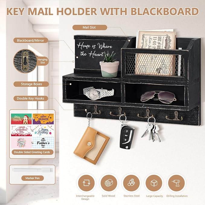 Key Holder Wall Mount, Wooden Mail and Key Organizer, Black | Rustic Farmhouse Style, 4 Double Hooks, Includes 2 Storage Box, Small Shelf, Mail Slot, for Entryway, Doorway, Hallway, RV