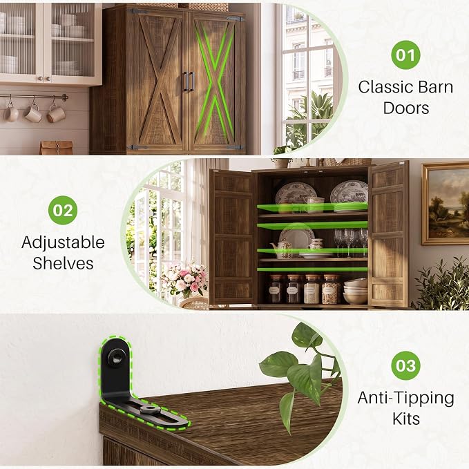 Unikito 71" Tall Kitchen Pantry Storage Cabinet with Built-in Drawer | 31.5" Wide Wood Farmhouse Storage Cabinet with Barn Doors and 3 Shelves, for Home Kitchen,Dining/Living/Laundry/Room