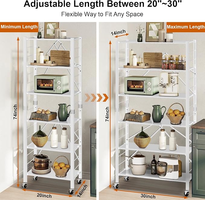 Himix 6-Tier Foldable Storage Shelves Expandable Shelf Wheels White 2-in-1
