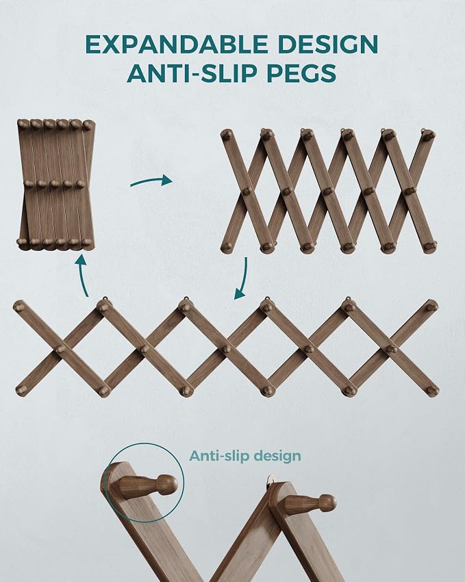 OROPY Accordion Wall Hanger with 17 Pegs, Expandable Wooden Coat & Hat Rack | Walnut Color, Hat Display Rack, X Shape Rack for Coat, Hats, Bags, Baseball Caps, Coffee Mug, Jewelry