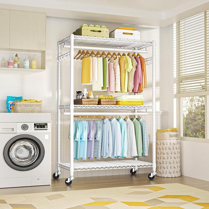 FUTASSI P1 Plus Rolling Clothes Rack, 22mm Diameter Heavy Duty Garment Rack | Freestanding Clothing Rack with Wheels and Double Rods, Portable Closet Wardrobe System Max Load 524lbs, White